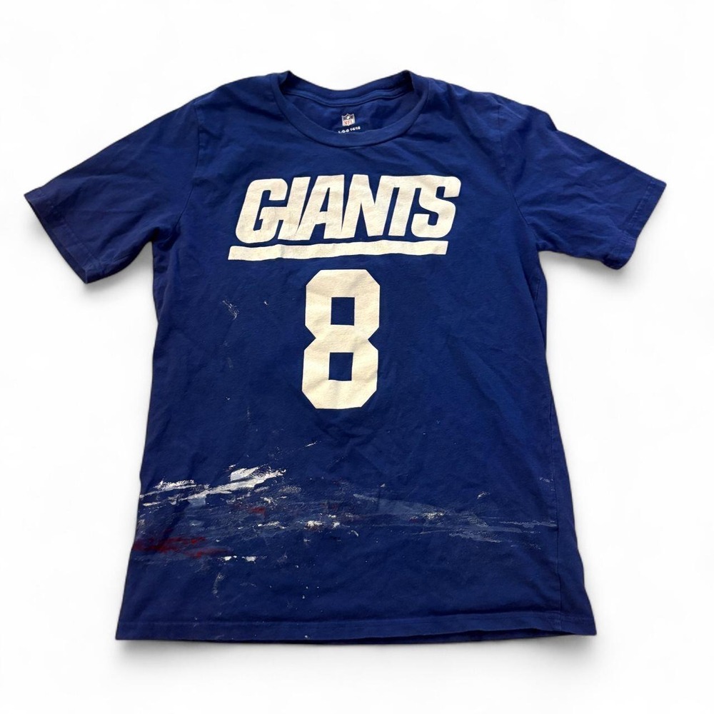 Vintage NFL New York Giants Jones 8 Paint Wash Graphic T-Shirt Blue L 14/16